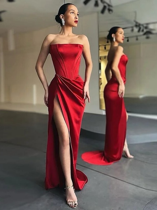 18344 Red Cross Strap Chiffon Slit Dress