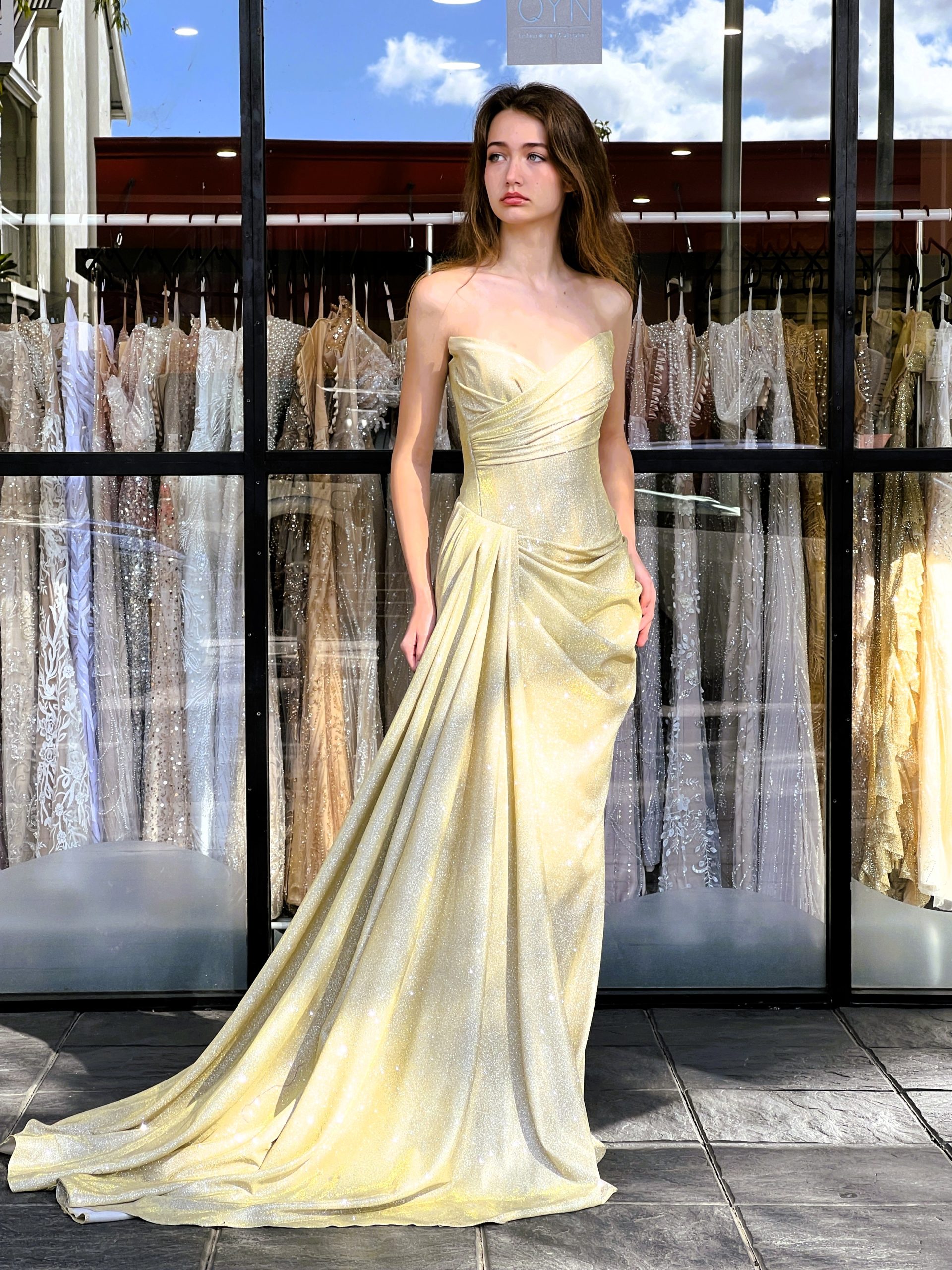 Y543 - QYN Anne Victoria Gold Gown | QYN designer dress hire